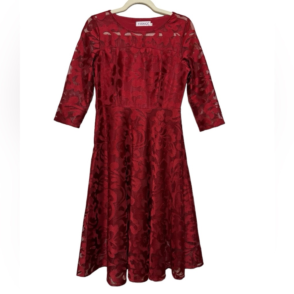 Long Modest Fit Flare Red Lace‎ Midi Dress Women’s Size Medium
